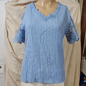 Sky Blue Women's Blouse with Lace Sleeves